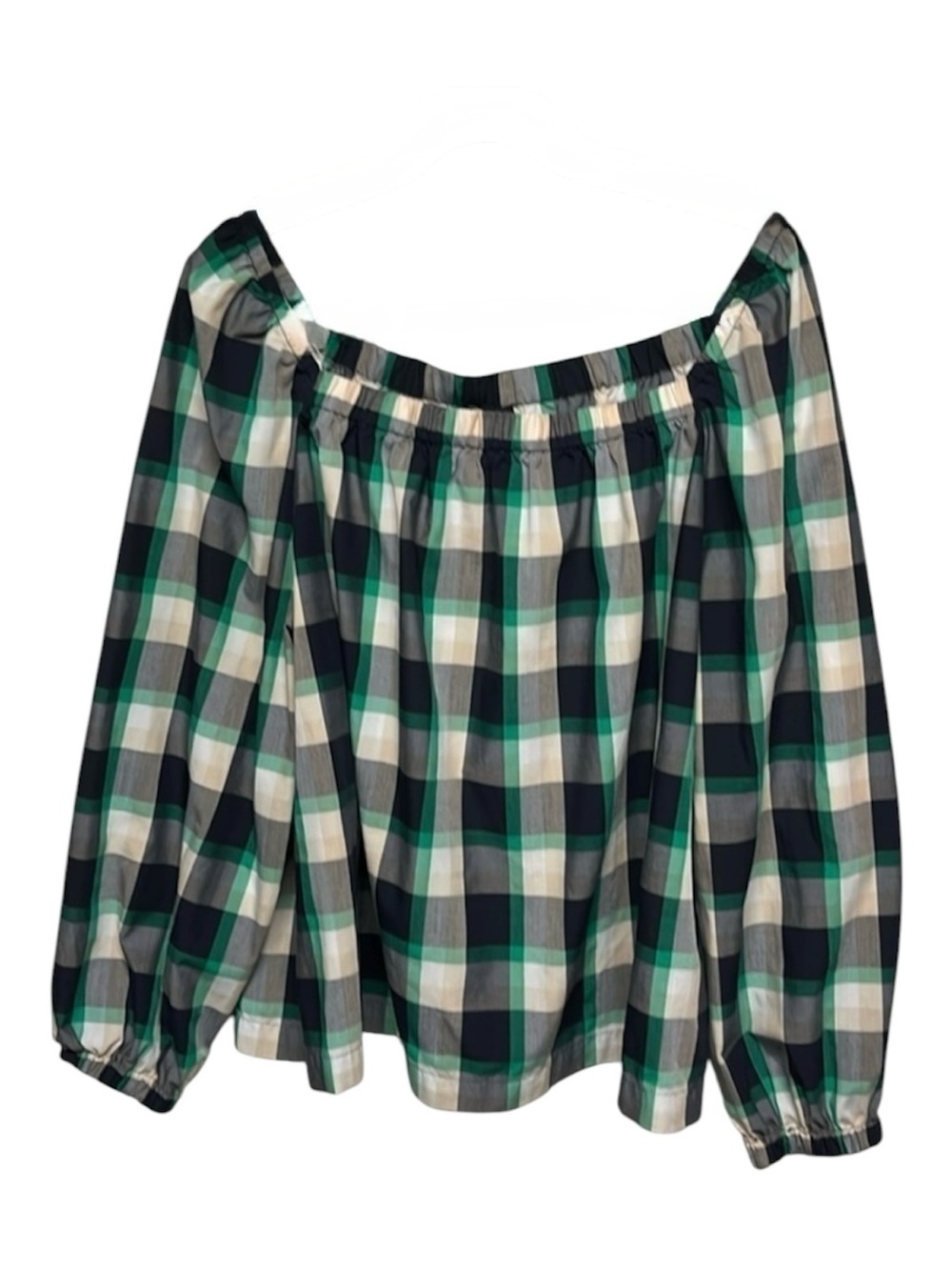 Ann Taylor Plaid Off Shoulder Peasant Blouse Green Blue Smocked Top XXL